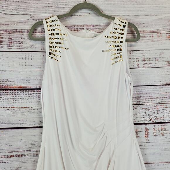 Cache White Ruched Shapely Mini Dress Size 12 Gold Geometric Studs Drape Fit NWT - Picture 4 of 14
